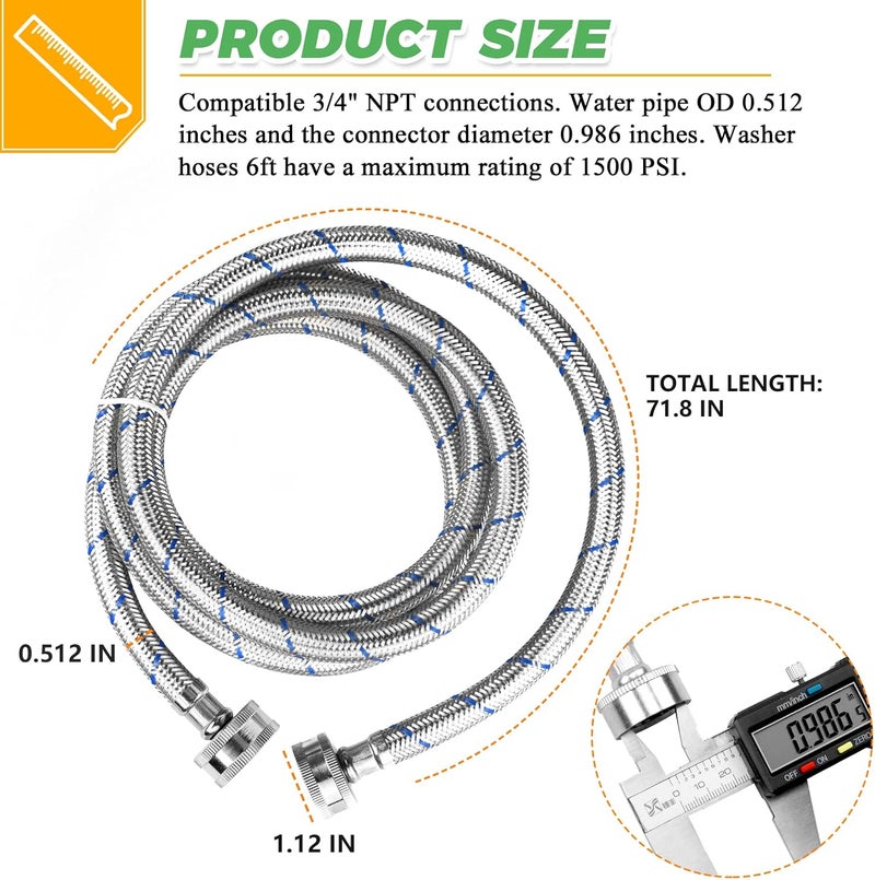 Techecook 6Ft Stainless Steel Washing Machine Hoses Burst Proof Hot and Cold Water Supply Hoses Universal for All Washers by - 2Pack Premium Water Supply Lines - 10 Years Warranty - Image 4